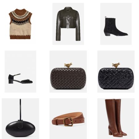 A cozy wool vest, a faux leather cropped shirt, a black suede ankle boot, Prada low heeled pumps, your classic Bottega clutch in black and brown, a classic black evening bag, a brown leather belt and a brown leather knee boot

#LTKstyletip #LTKshoecrush #LTKitbag