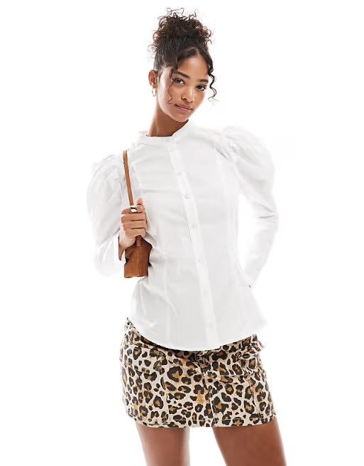 Miss Selfridge puff sleeve cinched waist poplin shirt in white | ASOS (Global)