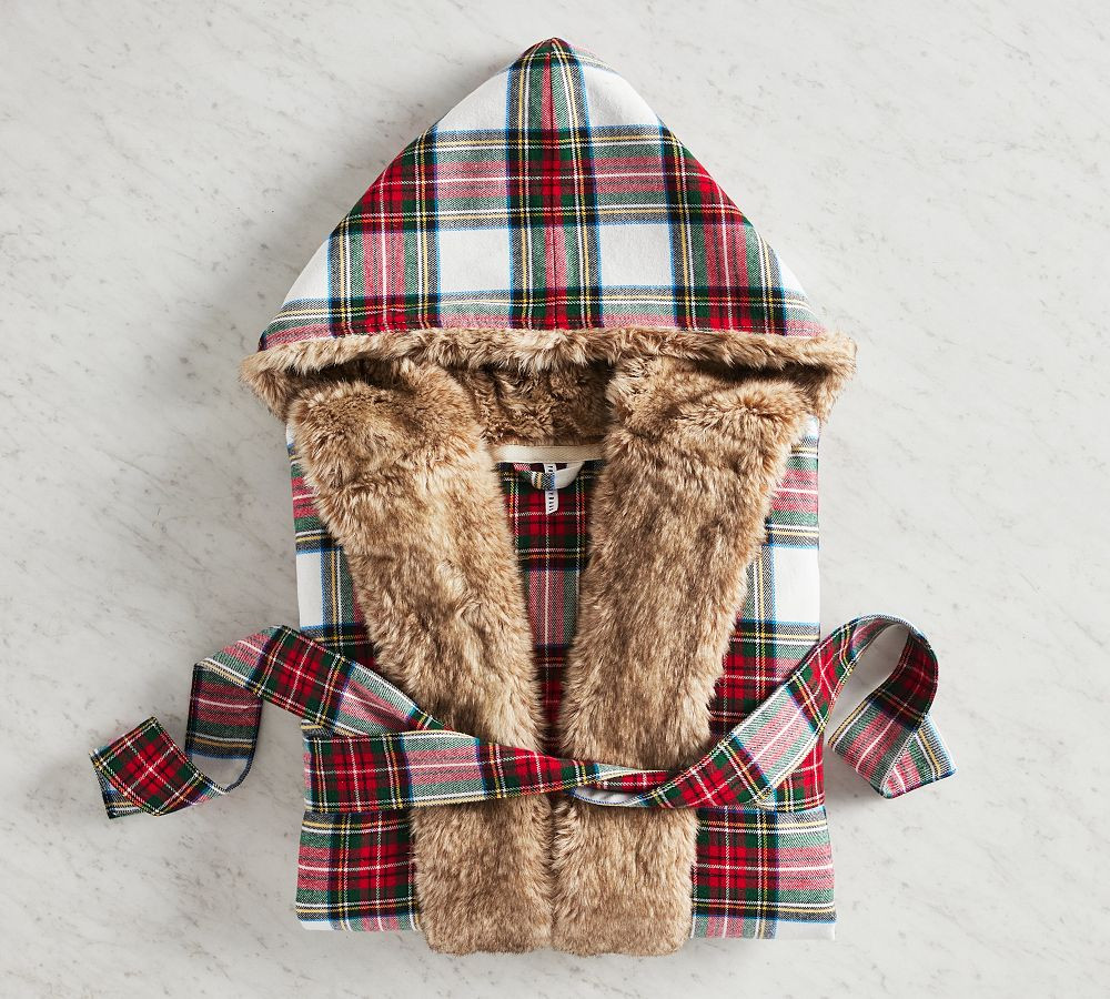 Stewart Plaid Faux Fur Robe, Large, Ivory | Pottery Barn (US)
