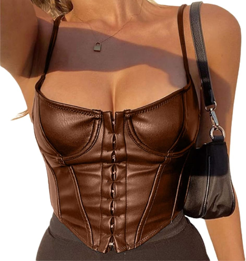 Women Corset Crop Top Sexy Spaghetti Strap PU Leather Bustier Push Up Cami Tank Top Vintage Clubw... | Amazon (US)