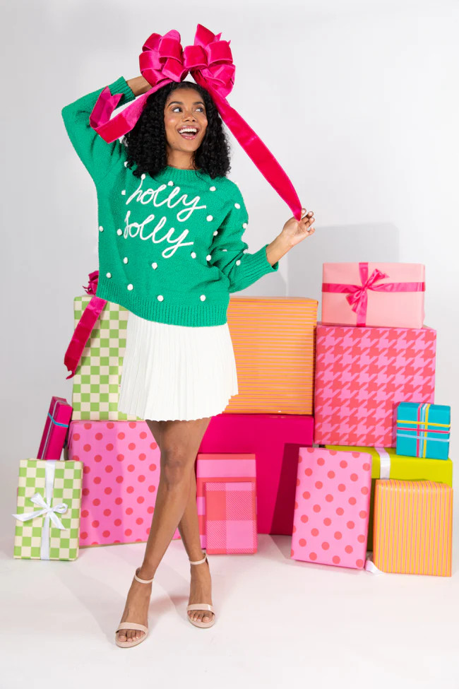 Holly Jolly Green Fuzzy Pom Sweater DOORBUSTER | Pink Lily
