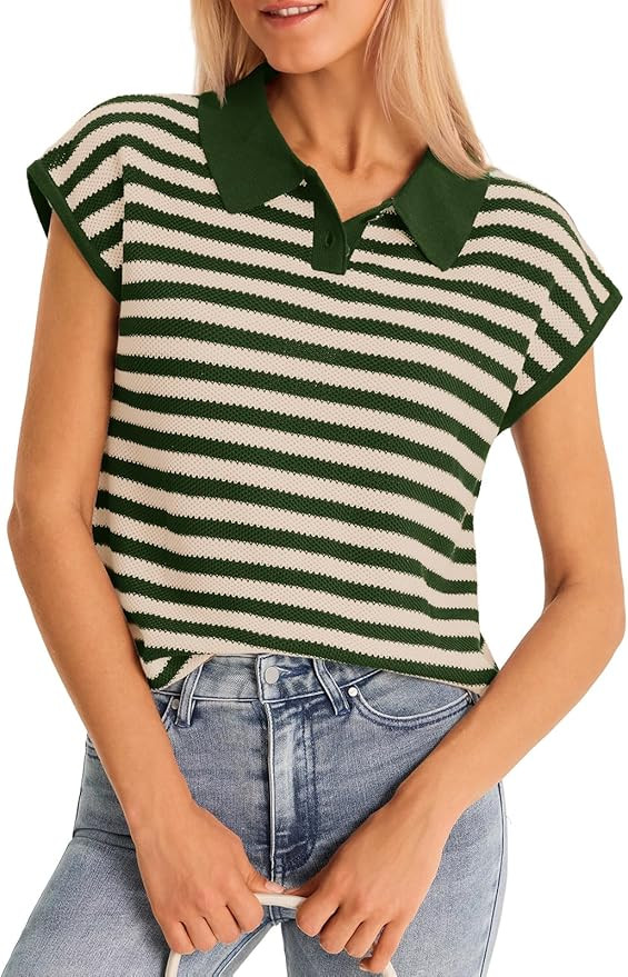 Saodimallsu Womens Striped Polo Sweater Cap Sleeve Summer Top Button V Neck Collared Knit Pullove... | Amazon (US)