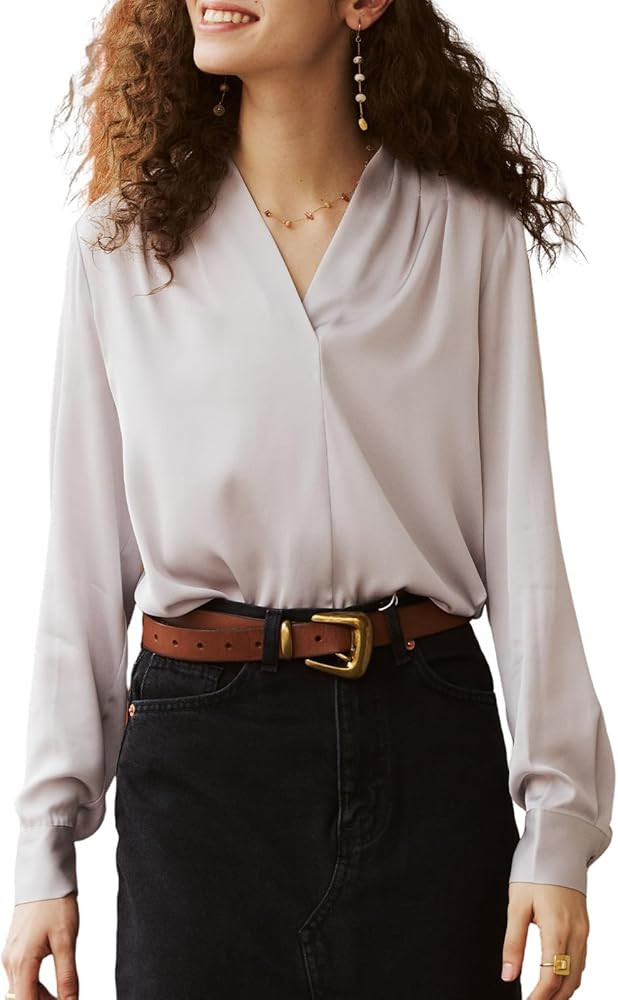COLD POSH Womens Mulberry Silk Blouse Elegant Tops Long Sleeve V-Neck Blouses Fall Fashion Summer... | Amazon (US)