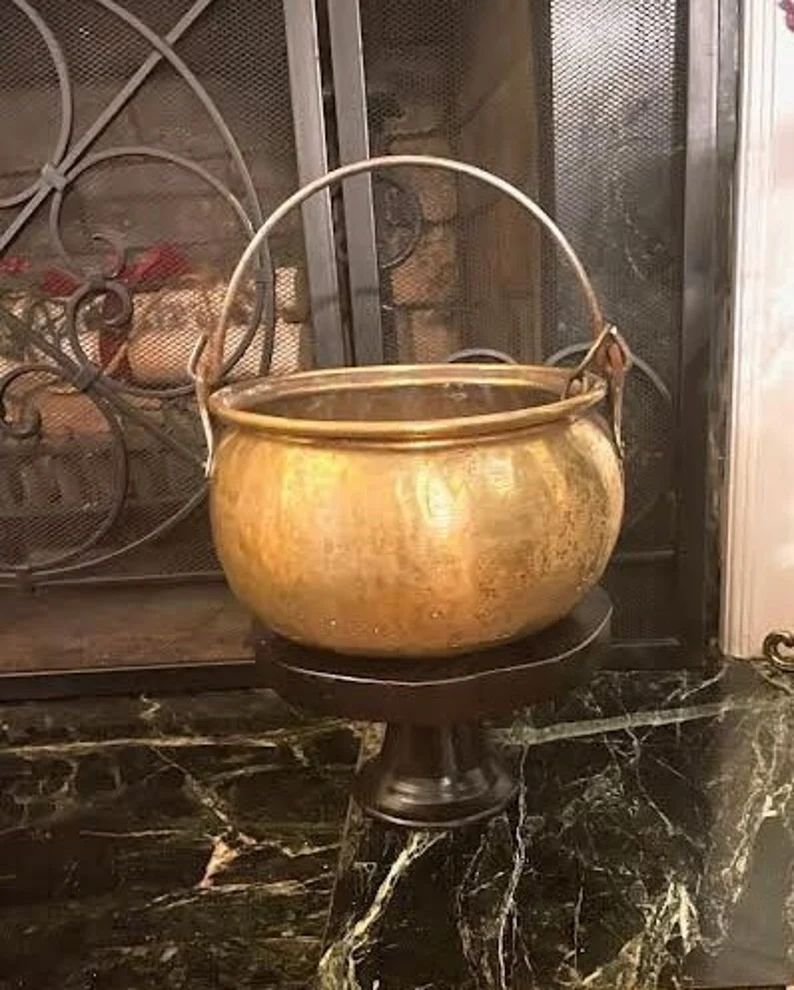 Vintage Brass Pot/ Cauldron/kettle/bucket/ Planter With Iron Handle & Chain, Hearth Decor Farm Ho... | Etsy (US)