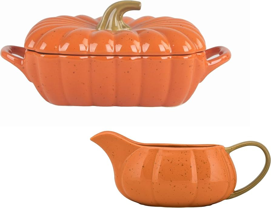 10 Strawberry Street Pumpkin Covered Casserole Dish & Gravy Boat, 7.75", Orange | Amazon (US)