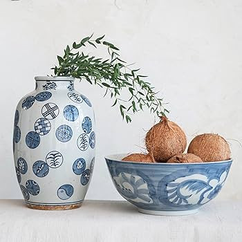 Creative Co-Op Hand Painted Stoneware Bowl with Floral Design, Blue and White | Amazon (US)