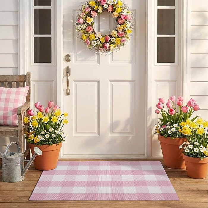 Spring Pink and White Plaid Rug, 2'4" x 3'7" Cotton Blend Layered Doormat Rug for Front Door, Han... | Amazon (US)