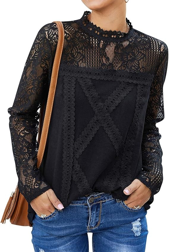ZXZY Women Cute Lace Blouse Top Short Sleeve Lace Hollow Out Turtle Neck T Shirt | Amazon (US)