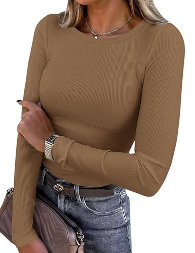 PRETTYGARDEN Women's Fall Long Sleeve Shirts Basic Tees (Dark Khaki,M) | Amazon (US)