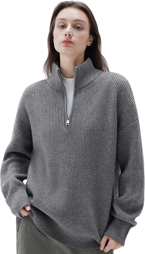 SUUKSESS Women Oversized Cashmere Blend Quarter Zip Pullover Sweater Long Sleeve Collared Ribbed ... | Amazon (US)