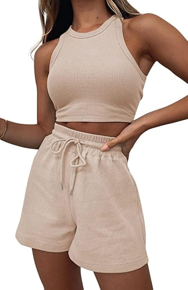 Ifoqixu 2 Piece Lounge Sets for Women Sleeveless Crop Top and Shorts with Pockets Tracksuits Ribb... | Amazon (US)
