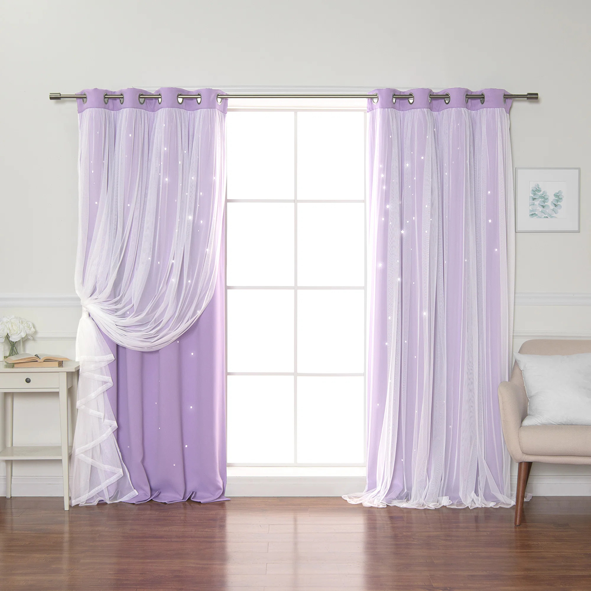 Jenifer Tulle Overlay Star Cut Out Solid Room Darkening Grommet Curtain Panels (Set of 2) | Wayfair North America