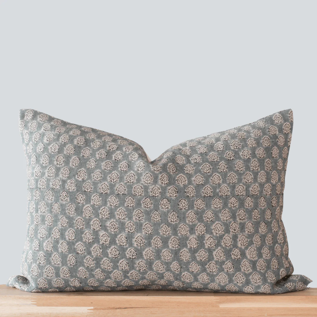 Luna Floral Block Printed Pillow Cover | Blue/Teal Green | Lumbar | Apartment No.3