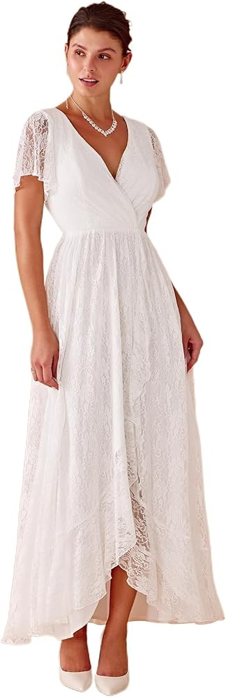 Ever-Pretty Women's Lace V Neck Ruffles Sleeves Pleated Empire Waist A-Line Maxi Formal Dresses 0... | Amazon (US)