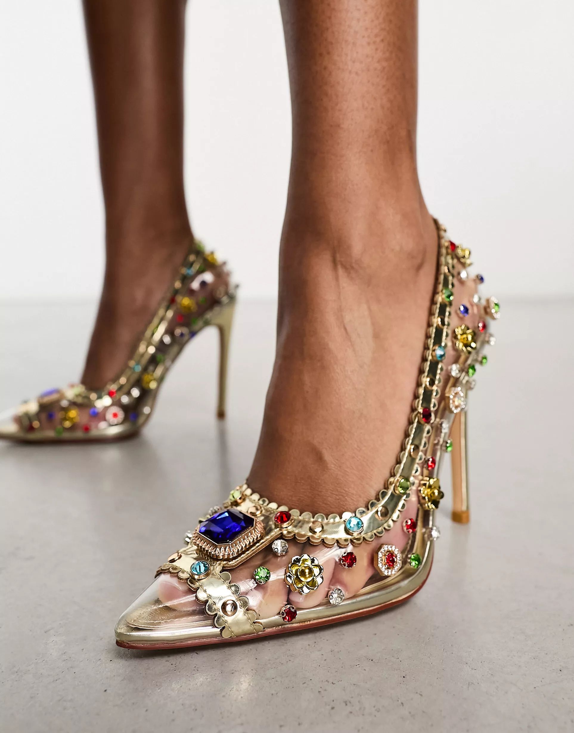 Azalea Wang Clematis embellished court shoe in gold | ASOS (Global)