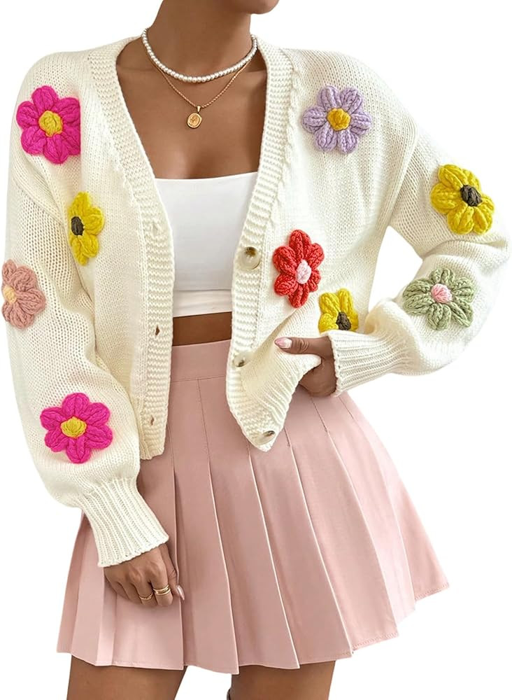 SHENHE Women's Button Down Flower Cardigan V Neck Open Front Knit Crop Cardigan Sweater | Amazon (US)