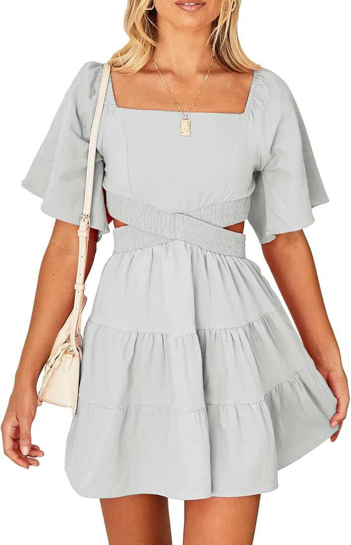 Shy Velvet Women's Summer Dress Square Neck Short Sleeves Crossover Waist Casual Party Mini Dress | Amazon (US)