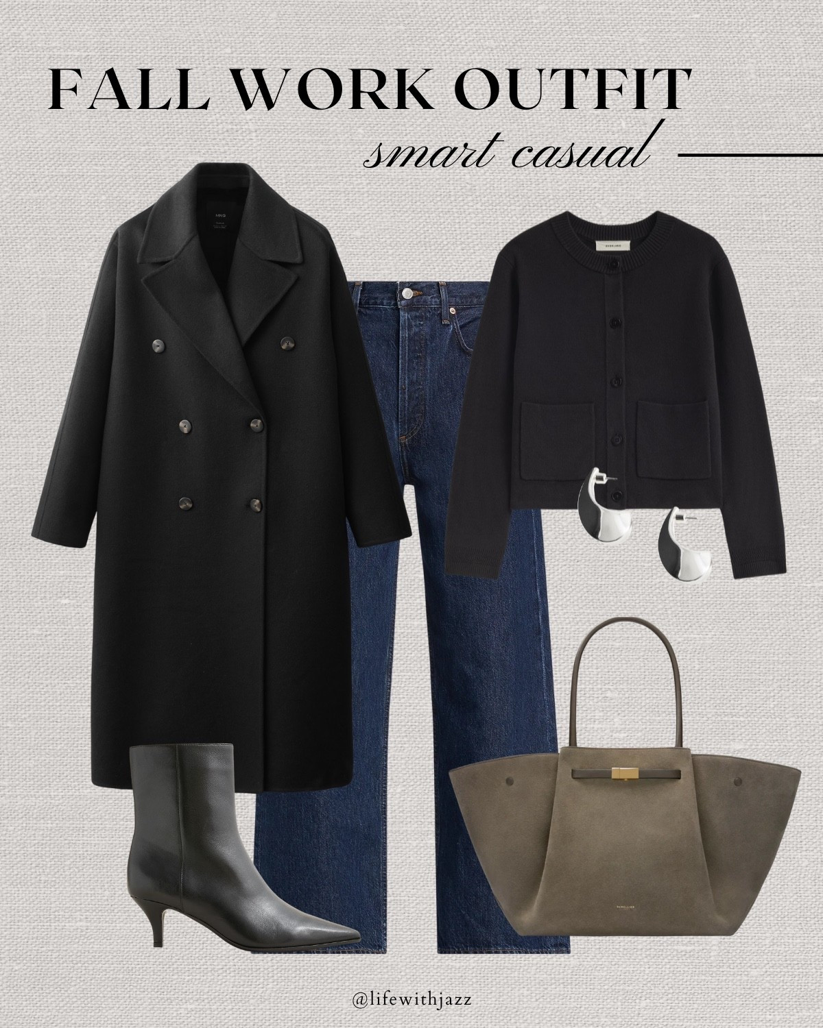 Cool tone fall work outfit inspo 

Oversized coat / dark blue wide leg jeans / cropped cardigan / heeled booties / Demellier the midi New York bag / smart casual 

#LTKWorkwear #LTKSeasonal #LTKStyleTip