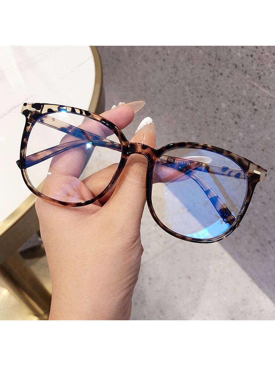 1pair Women Fashion Leopard Print Big Frame Round Optical Glasses, Casual For Daily Use Blue Ligh... | SHEIN