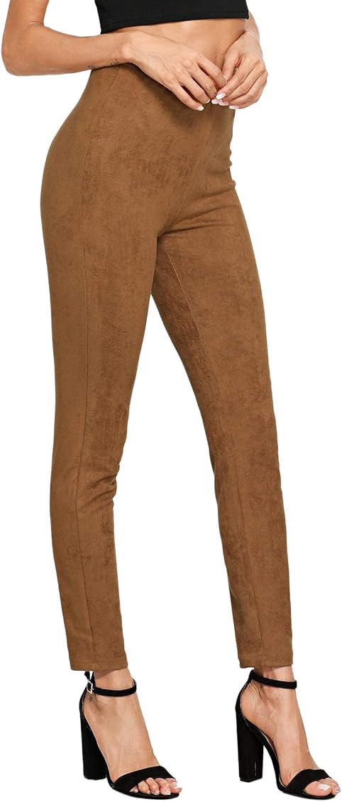 SweatyRocks Women's High Waisted Soft Slim Casual Pants Solid Suede Leggings | Amazon (US)