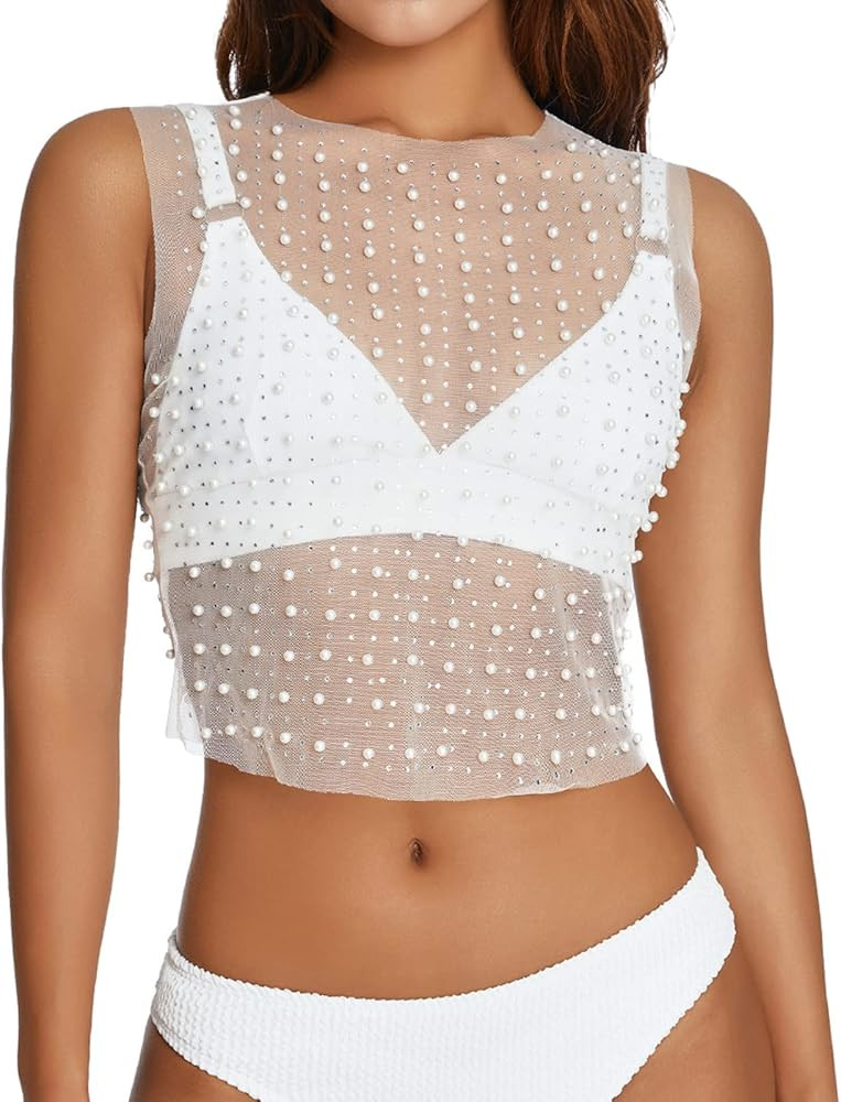 PICPUNMAK Women Pearl Rhinestone Mesh Tank Top Diamond Sexy See Through Sheer Sleeveless Blouse R... | Amazon (US)