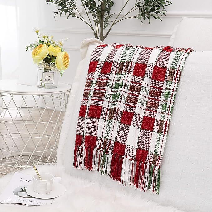 Muse Dream Green and White Chenille Plaid Blanket Throw for Couch Decoration Fringed Bed Blanket ... | Amazon (US)