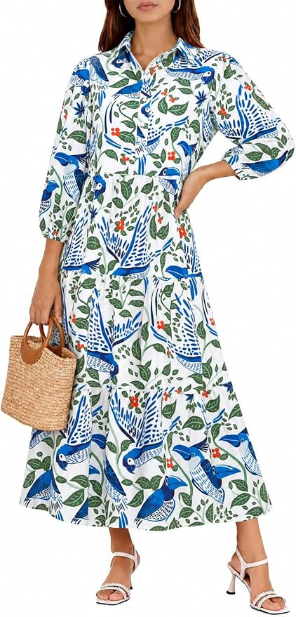 Wenrine Womens Casual 3/4 Sleeve Shirt Dress Button Down Flowy Maxi Dress | V Neck,Collared,Long ... | Amazon (US)