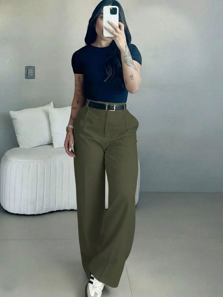 Women's High Waist Slim Fit Wide Leg Pants In Military Green | Bohemian Street Style | Suitable F... | SHEIN