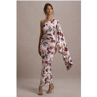 Clementina | Cream Floral Print Asymmetric Cape Sleeve Maxi Dress | Club L London