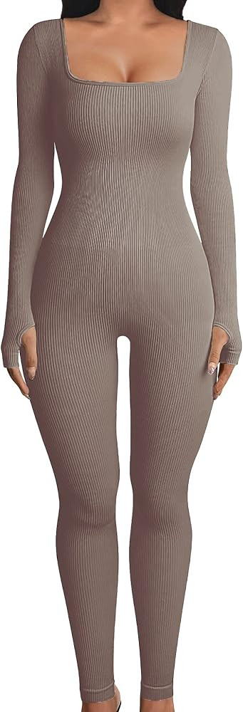 Picaurshe Jumpsuits for Women Yoga Long Sleeve Square Neck Ribbed Workout Sport Bodycon Jumpsuit | Amazon (US)