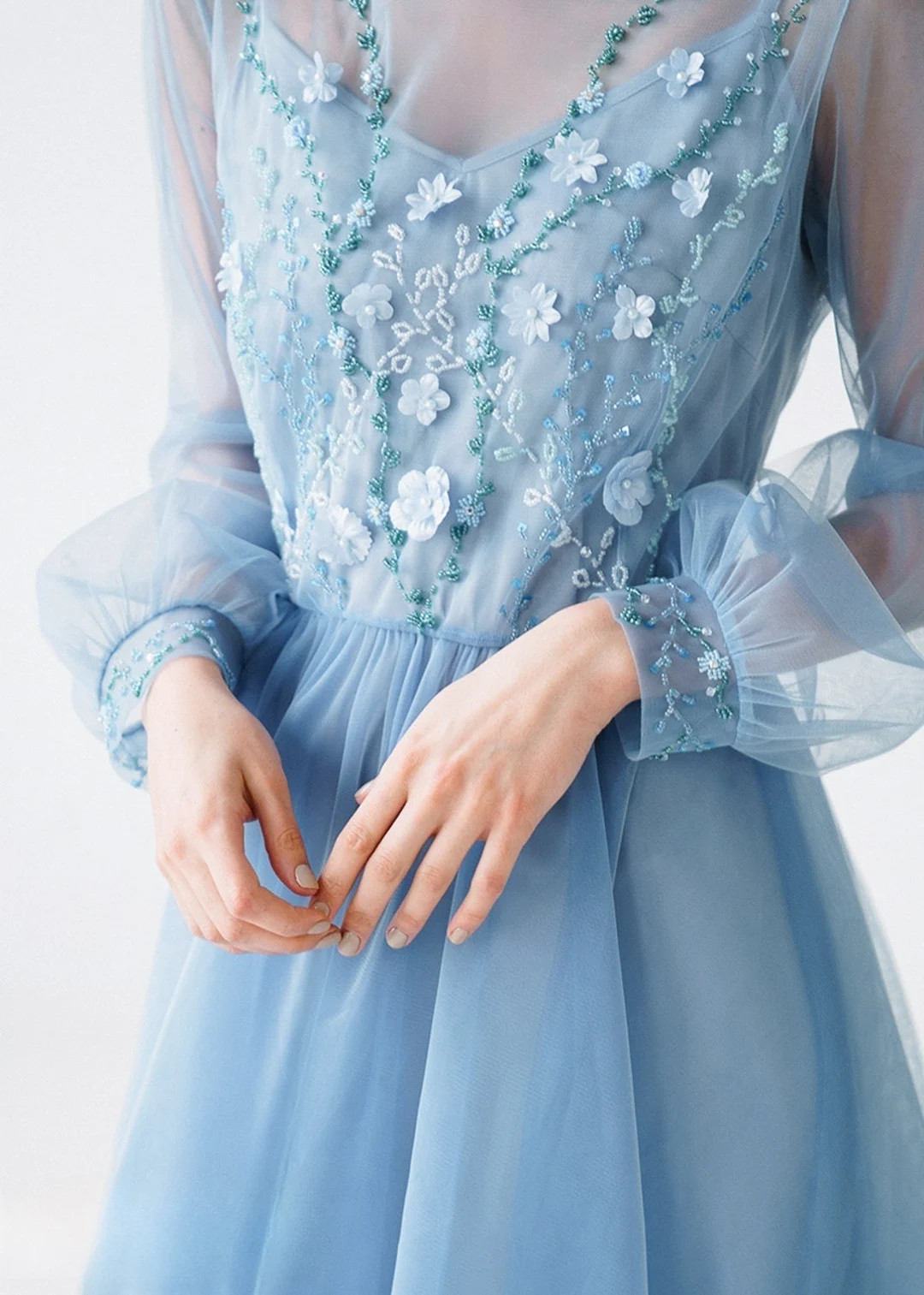 Blue tulle wedding dress with floral lace Layla | Etsy (US)