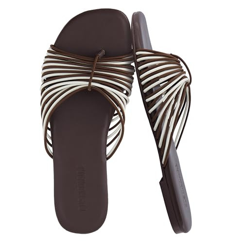 CUSHIONAIRE Lanky Strappy Sandals for Women, Trendy Multi-Strap Square Toe Flat Slide Womens Sandals with Cushioned Footbed, BROWN MULTI | Amazon (US)