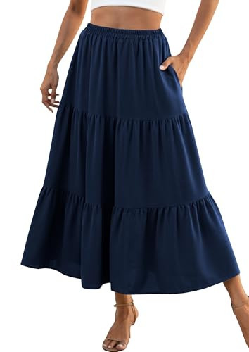 Naggoo Women's Summer Maxi Skirt Tiered A Line Ruffle Elastic High Waisted Flowy Beach Long Skirts with Pockets Navy Blue XL | Amazon (US)