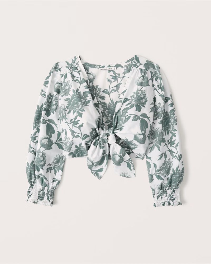 3/4 Sleeve Tie-Front Poplin Top | Abercrombie & Fitch (US)