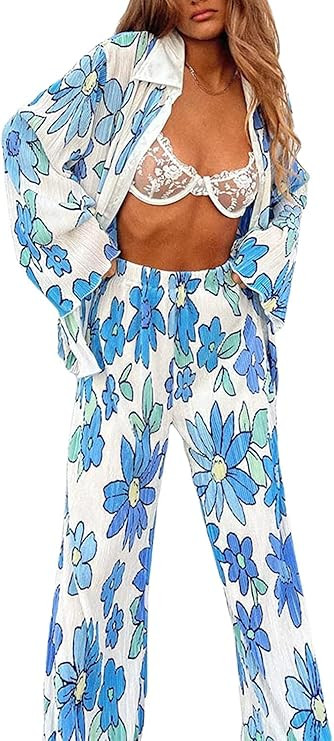 Women 2 Piece Linen Pants Set Summer Casual Outfits Long Sleeve Button Down Shirt High Waist Pant... | Amazon (US)