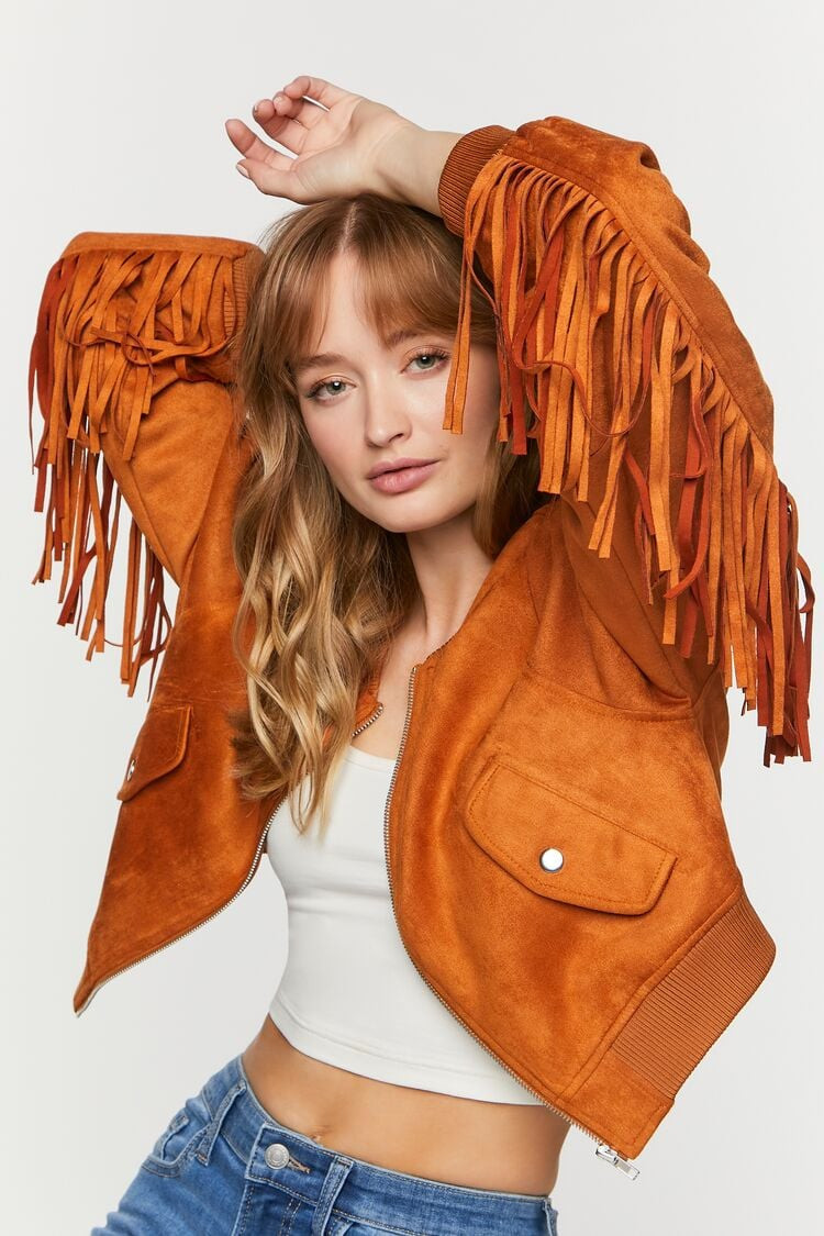 Faux Suede Fringe Bomber Jacket | Forever 21 (US)