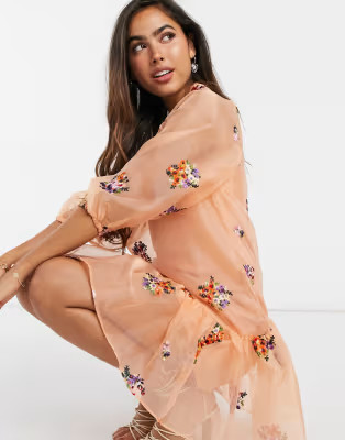 ASOS DESIGN organza embroidered mini smock dress with balloon sleeves in peach | ASOS (Global)