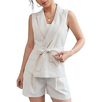 Women's Summer Linen 2 Piece Outfit Belted Vest and High Waisted Shorts Set for Casual Workwear V... | Amazon (US)