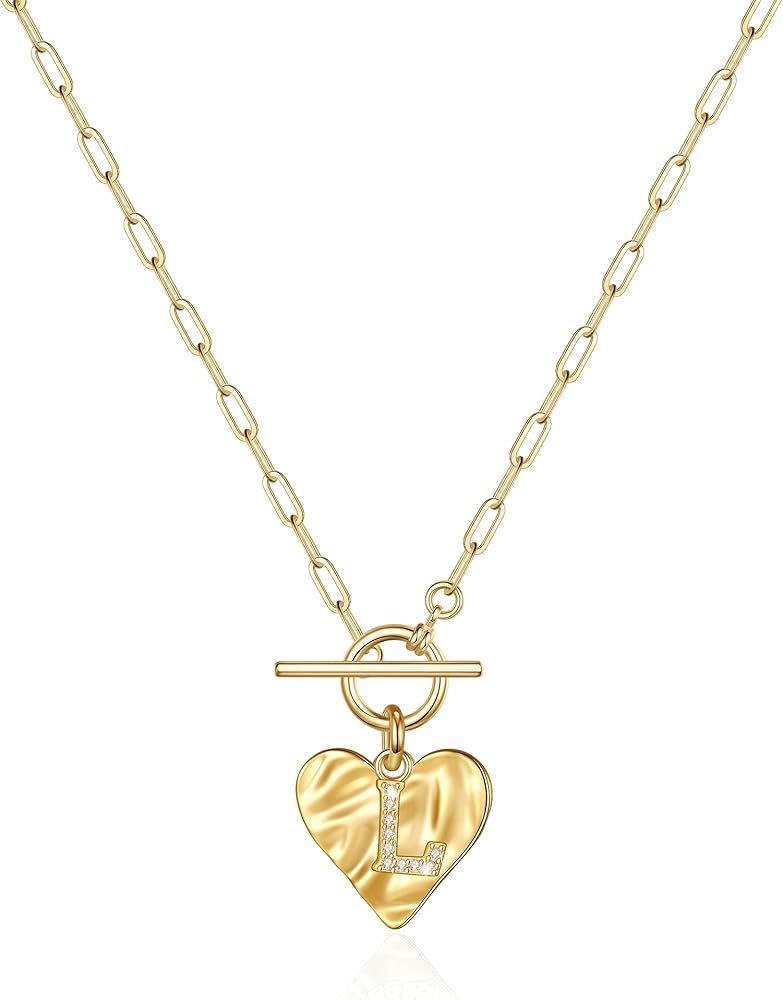 Heart Initial Necklaces for Women, 14K Gold Plated CZ Heart Initial Necklaces for Teen Girls Wome... | Amazon (US)
