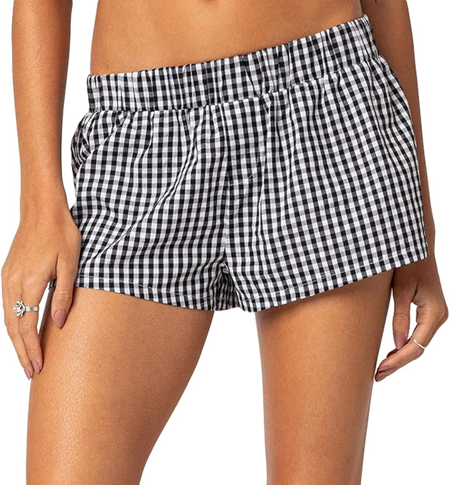 Women Y2k Pajamas Shorts Micro Button Boxers Elastic Waist Cute Pj Bottoms Summer Plaid Lounge Sh... | Amazon (US)