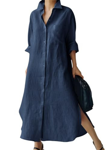 chouyatou Women's Spring Button Down Cotton Shirt Dress Summer Flowy Side Slit Maxi Shift Dress (X-Large, Navy Blue) | Amazon (US)