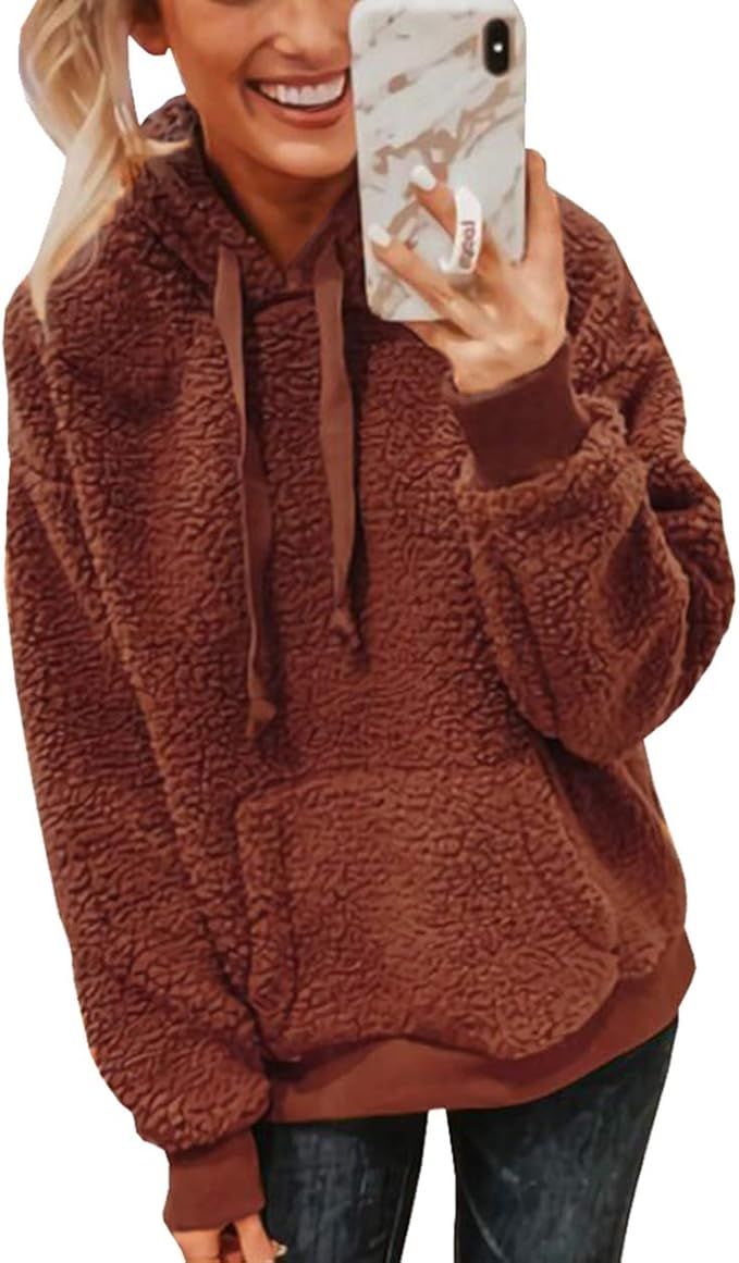 KIRUNDO 2022 Fall Winter Women’s Fuzzy Fleece Hoodies Sweatshirts Casual Long Sleeves Shaggy Sh... | Amazon (US)