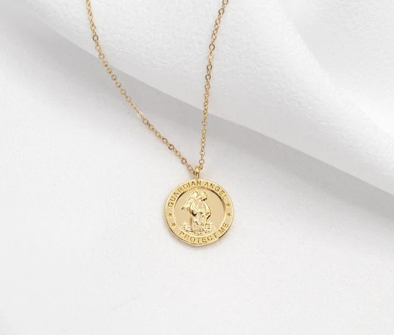 Dainty 18k Gold Filled Coin Guardian Angel Necklace - Etsy | Etsy (US)
