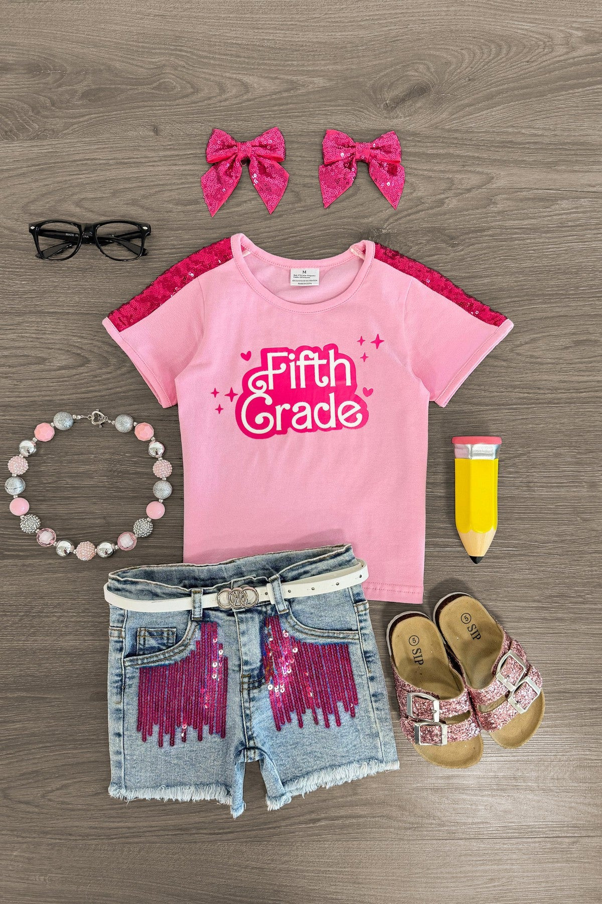 "Pre-K - Sixth Grade" Pink Denim Short Set | Sparkle In Pink