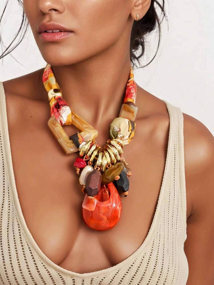 1pc Vintage Luxury Fabric Printed Acrylic Faux Stone Colorblock Beaded + Asymmetrical Red Stripe Pendant Necklace, Suitable For Women's Party & Date Wear | SHEIN