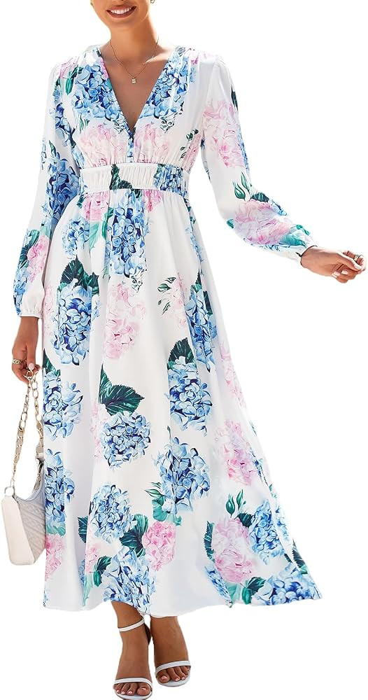 Women's Long Sleeve Boho Maxi Dress Floral Print Long Dress Pink Print | Amazon (US)