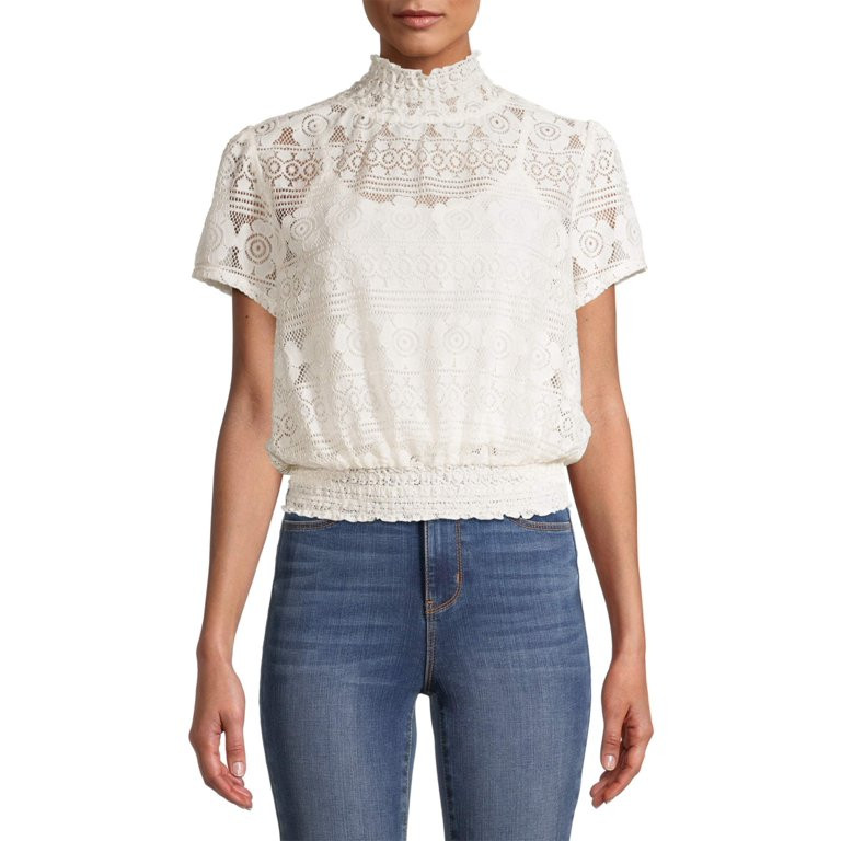 No Boundaries Juniors' Mock Neck Lace Top | Walmart (US)