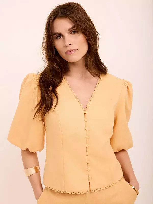 Mint Velvet Linen Puff Sleeve Top - Yellow | Very (UK)