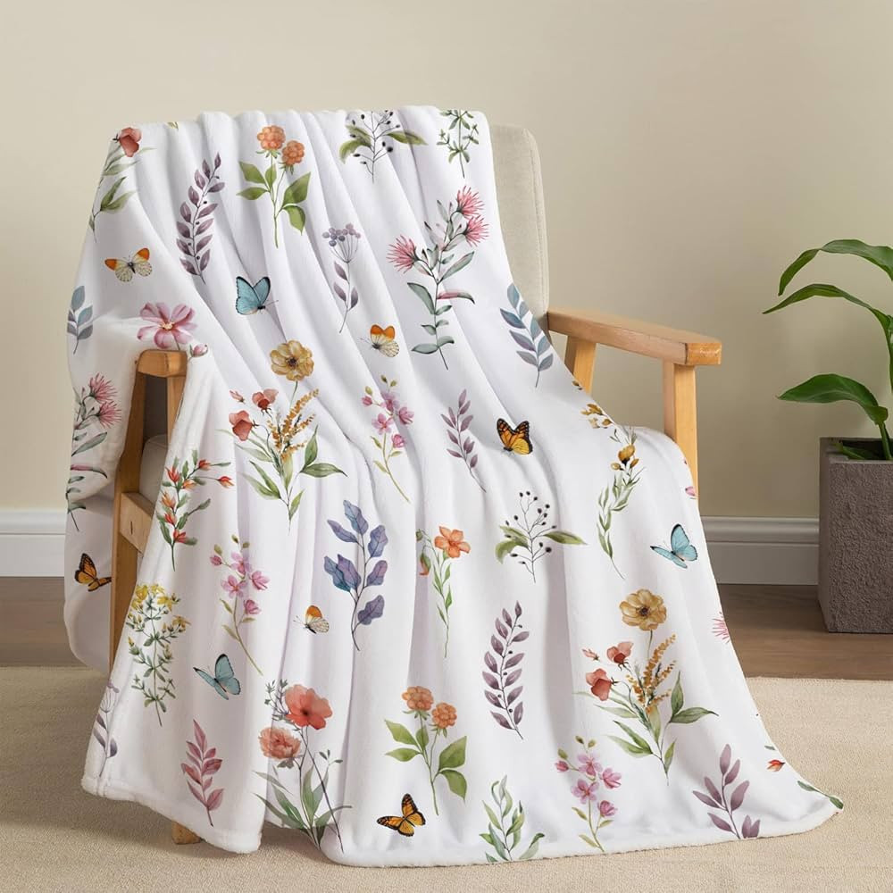 Floral Flower Throw Blanket Botanical Plant Throw Blanket Colorful Flannel Fleece Throw Blanket Watercolor Butterfly Cozy Fuzzy Plush Throw Blanket for Bed Chair Couch 50" X 60" | Amazon (US)