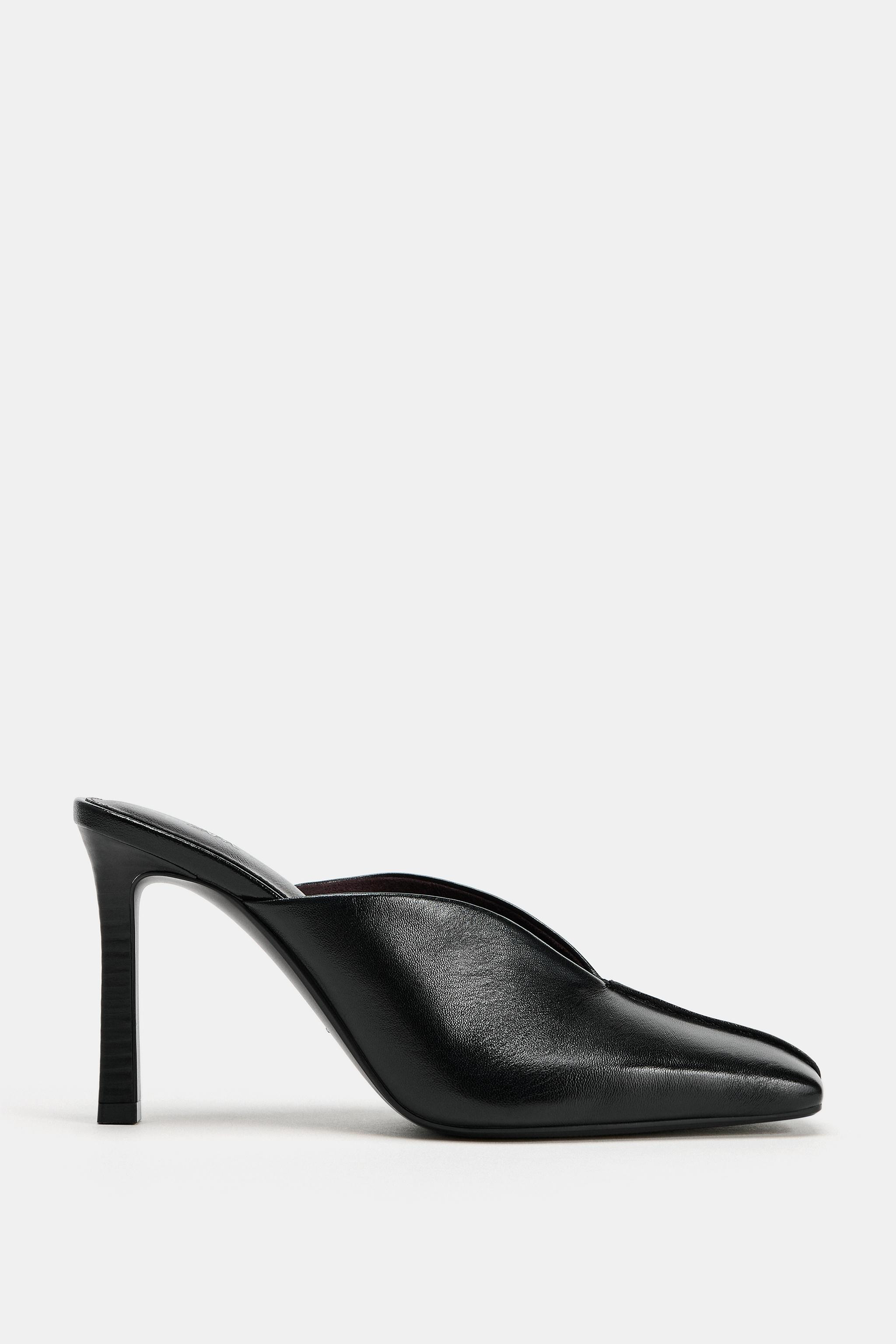 Leather heeled mule shoes. Topstitch detail on the front. V-cut vamp. High stiletto heel. Square ... | Zara IT